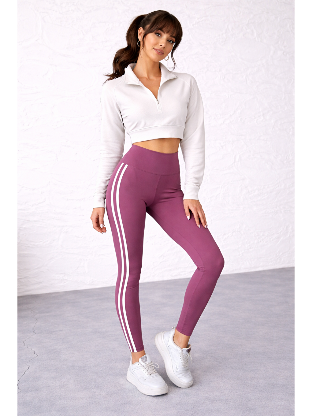 Mor Kadın Ekstra Yüksek Bel Şeritli Dalgıç Kumaş Esnek Spor Rahat Günlük Tayt-1