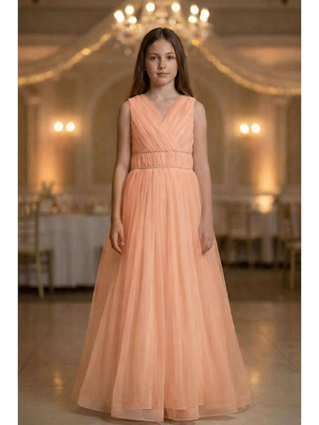 Turuncu Kız Çocuk V Yaka Beli Taş İşleme Detaylı Tüllü Uzun Abiye  ABY2027-5