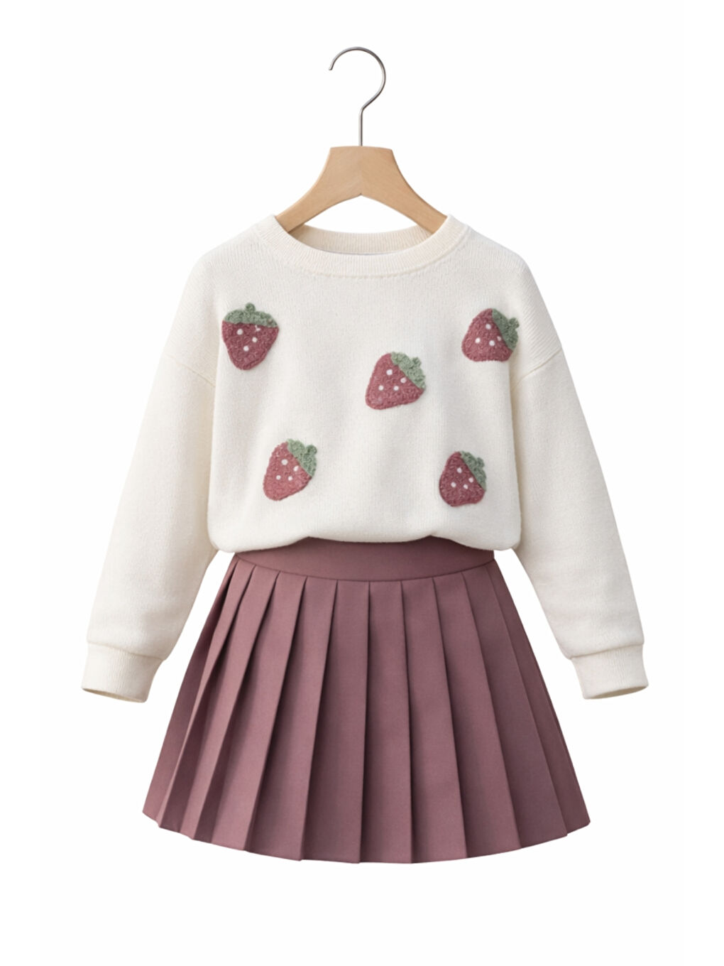 Pembe Kız Çocuk Çilek Desenli Üst Pileli Etek Kombin Ak14527-4