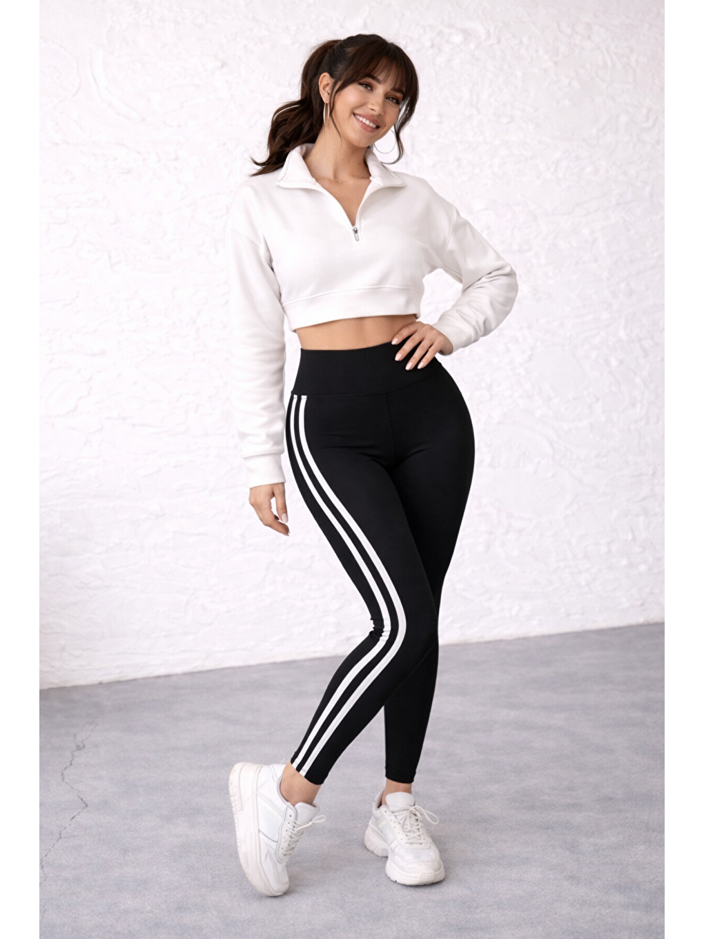 Siyah Kadın Ekstra Yüksek Bel Şeritli Dalgıç Kumaş Esnek Spor Rahat Günlük Tayt-1