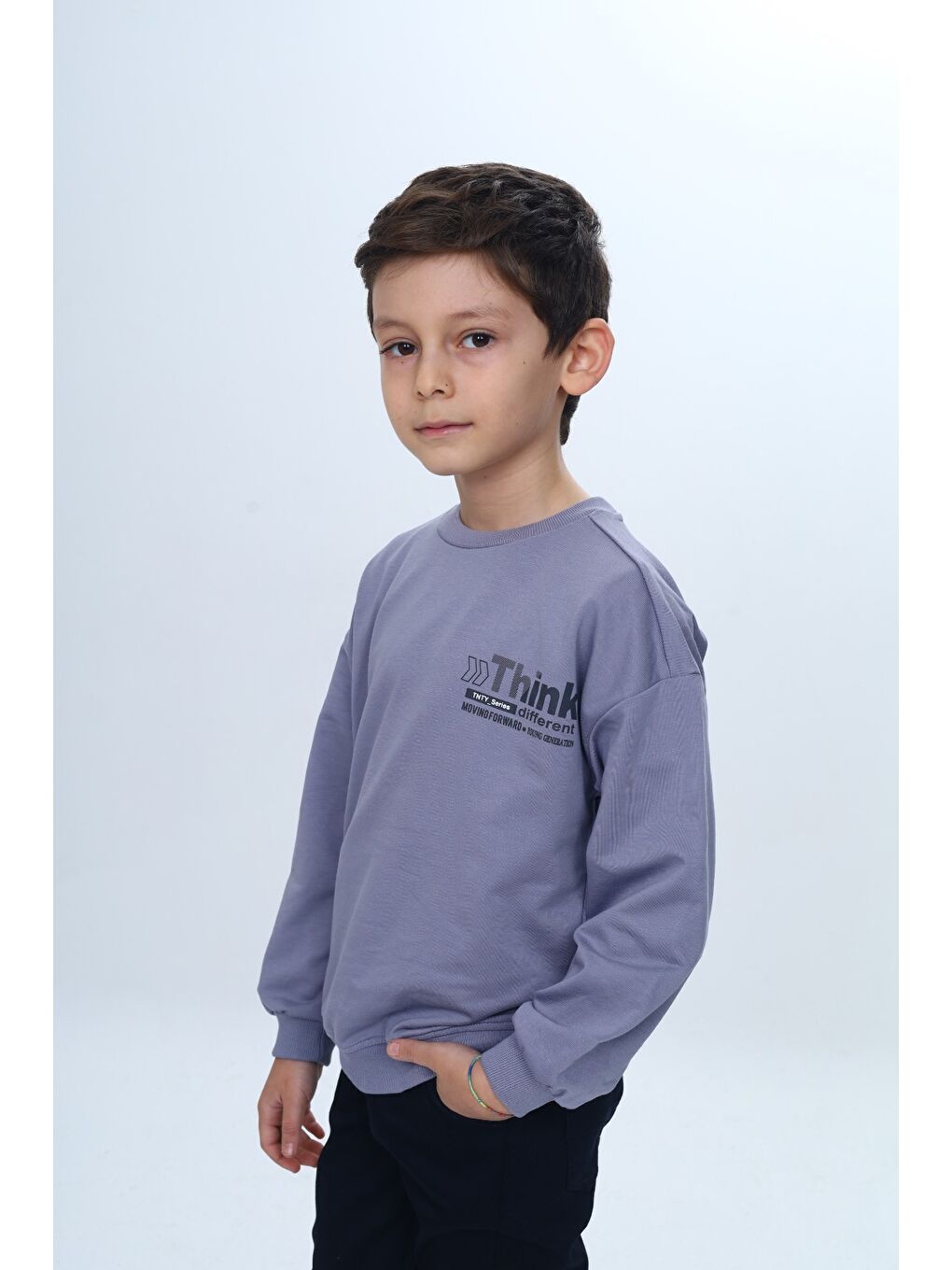 Gri Erkek Çocuk Düşük Omuz Relax Fit Bisiklet Yaka Baskılı Sweatshirt-2