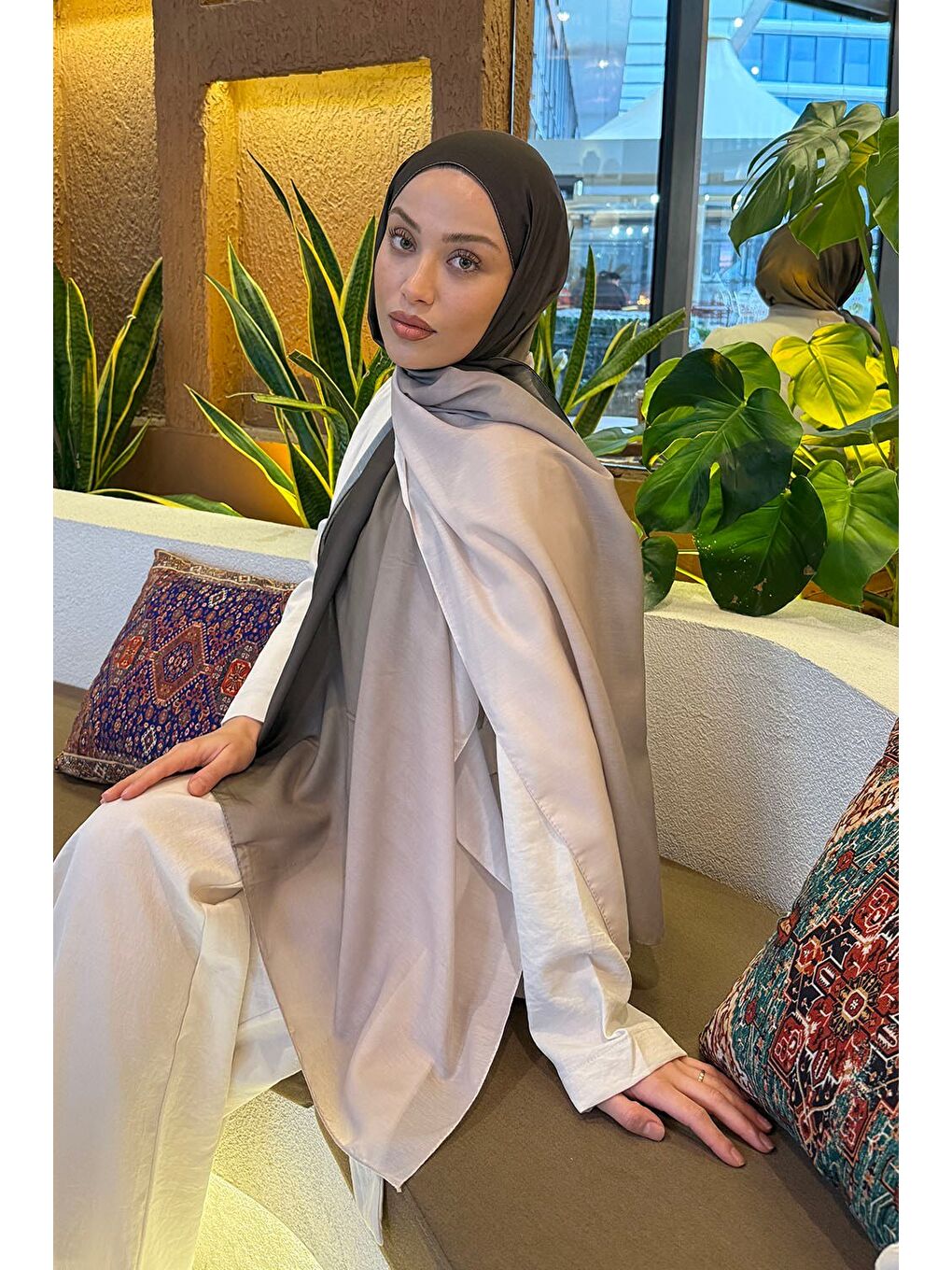 Bej Degrade Desen Soft Şal Taş Yeşil-1