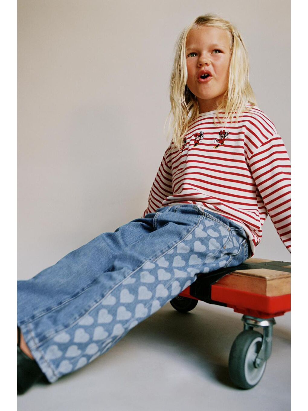 Kız Çocuk Mavi Kalp Desenli Denim Pantolon-1