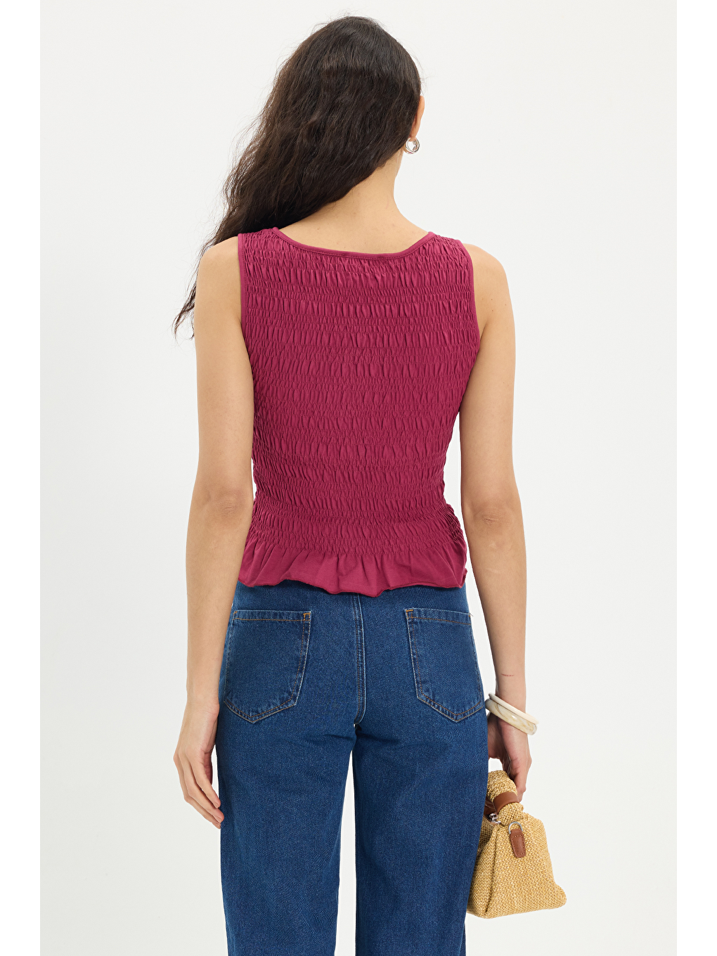 Kadın Slim Fit Dar Kesim %100 Pamuk Sıfır Kol Büzgülü Bisiklet Yaka Fuşya Bluz-5