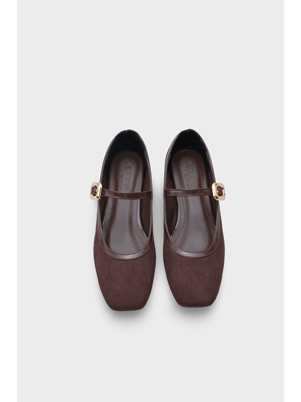 Kahverengi Sibelle Küt Burunlu Tokalı Bantlı Suni Süet Kadın Babet-5