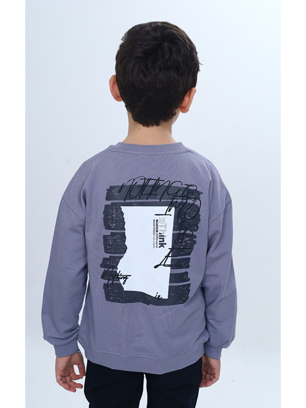 Gri Erkek Çocuk Düşük Omuz Relax Fit Bisiklet Yaka Baskılı Sweatshirt-3