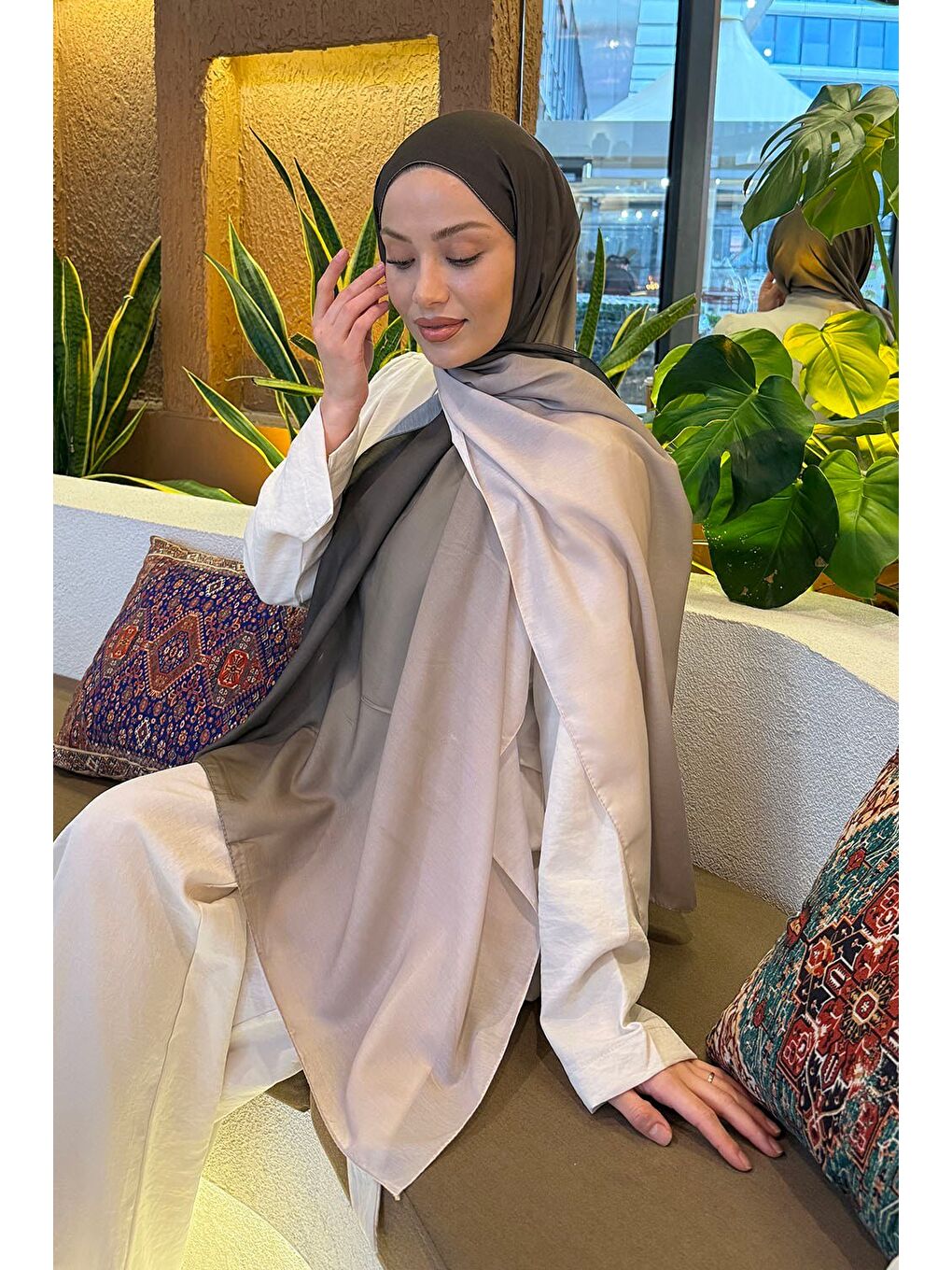 Bej Degrade Desen Soft Şal Taş Yeşil-2