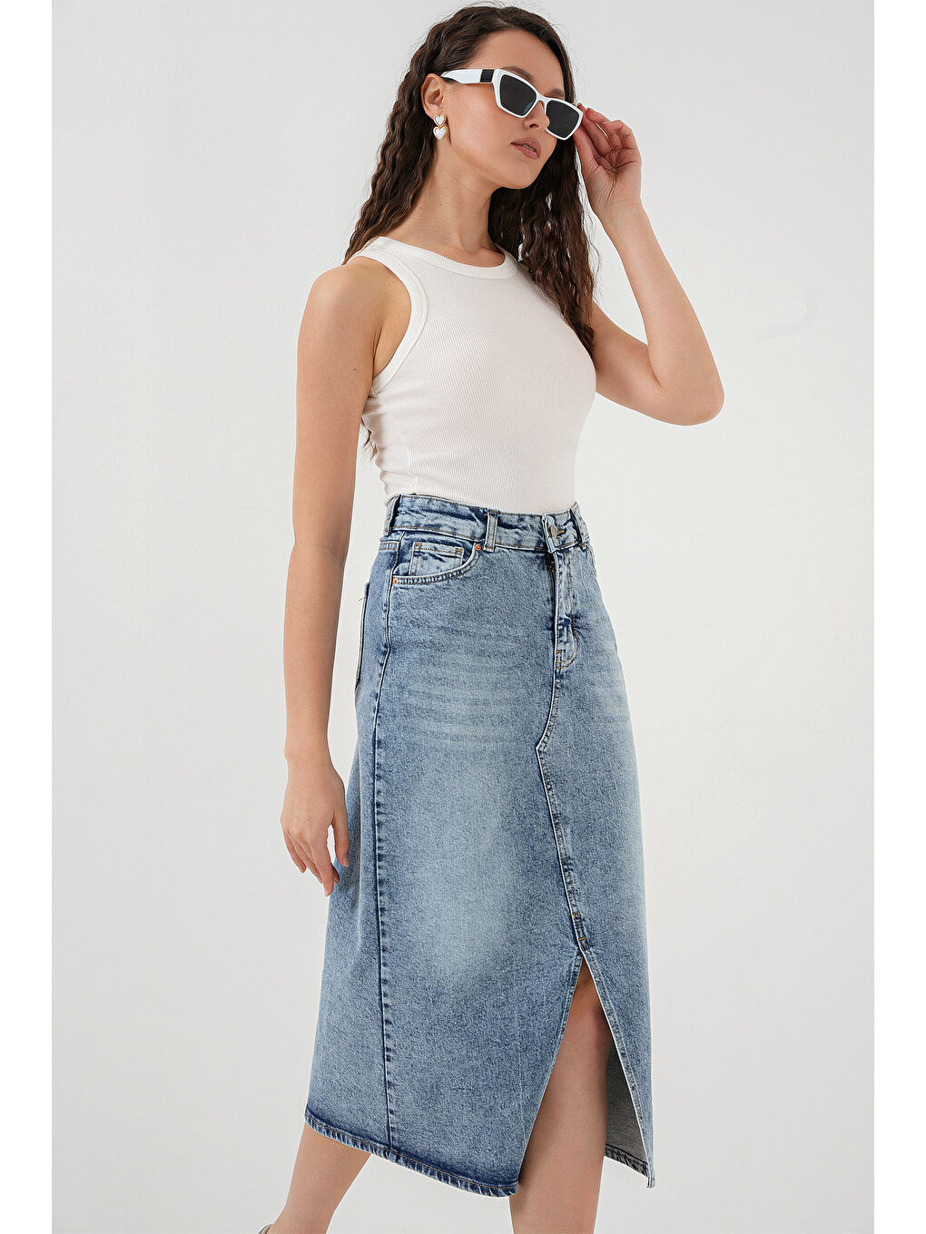 Kadın Yırtmaçlı Midi Jean Etek 8038   Mavi