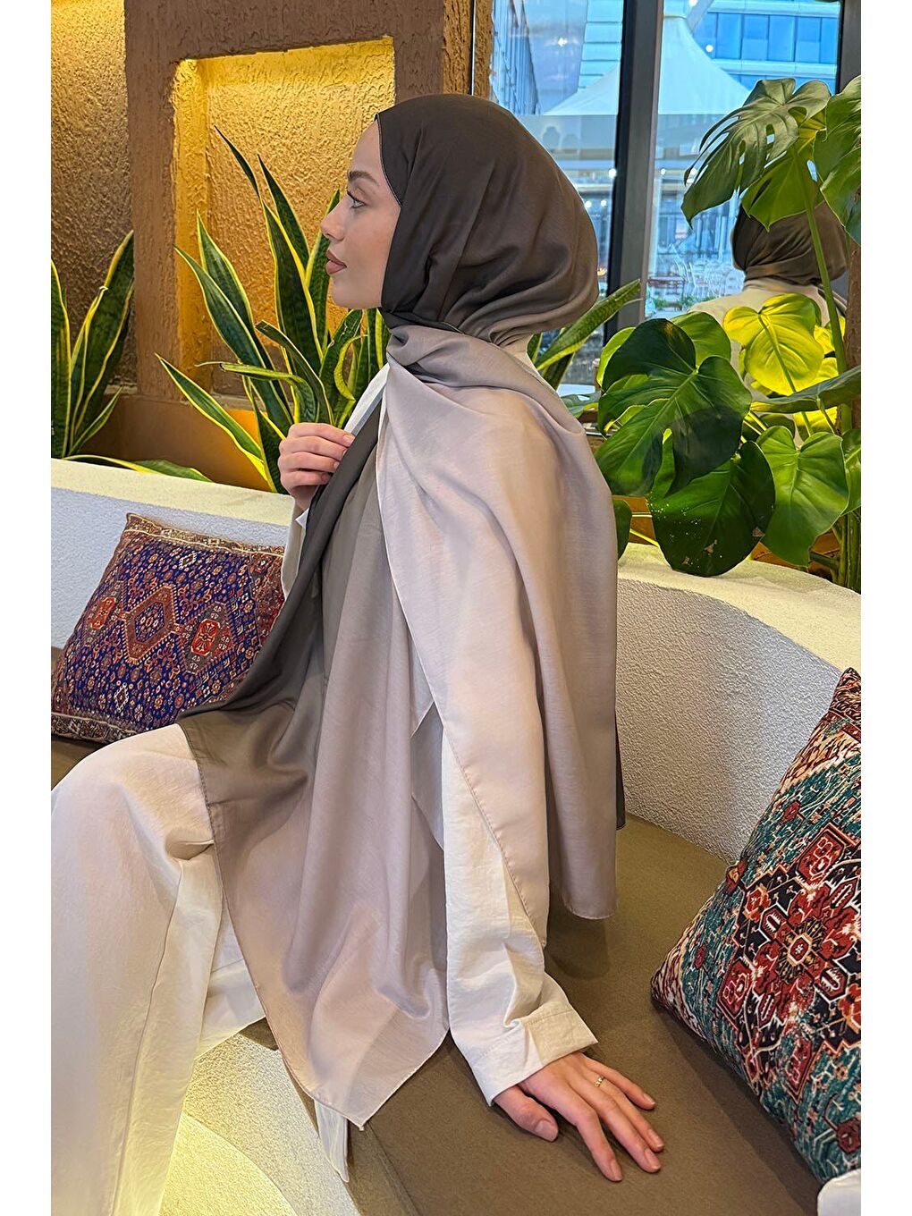 Bej Degrade Desen Soft Şal Taş Yeşil-3