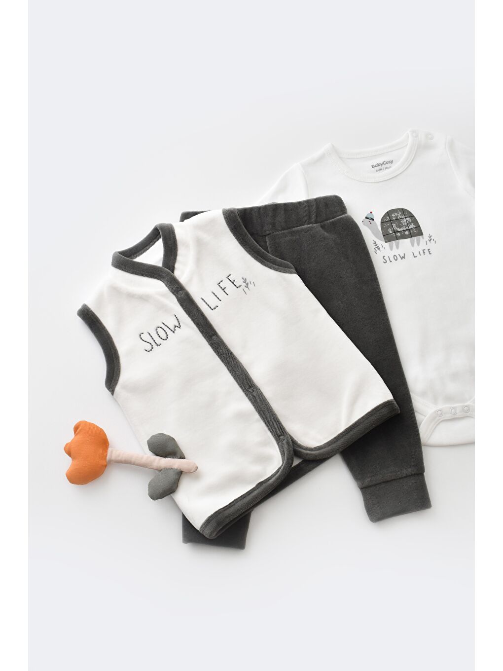 Karışık Unisex Bebek Organik Kadife Pamuklu Kaplumbağa Desenli 3'Lü Takım - Body Yelek Pantolon-2