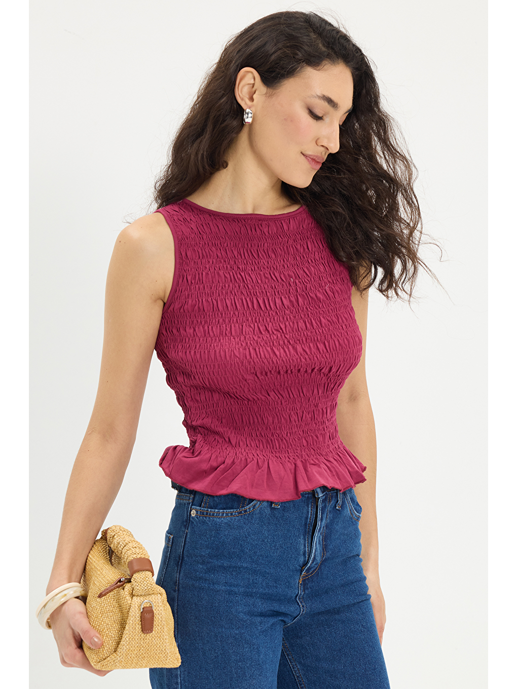 Kadın Slim Fit Dar Kesim %100 Pamuk Sıfır Kol Büzgülü Bisiklet Yaka Fuşya Bluz-6