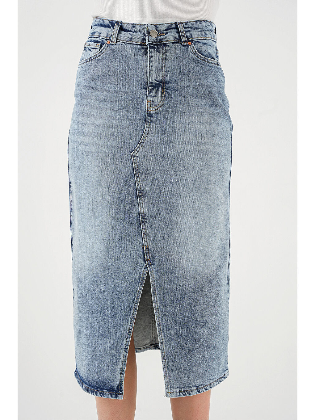 Kadın Yırtmaçlı Midi Jean Etek 8038   Mavi-1