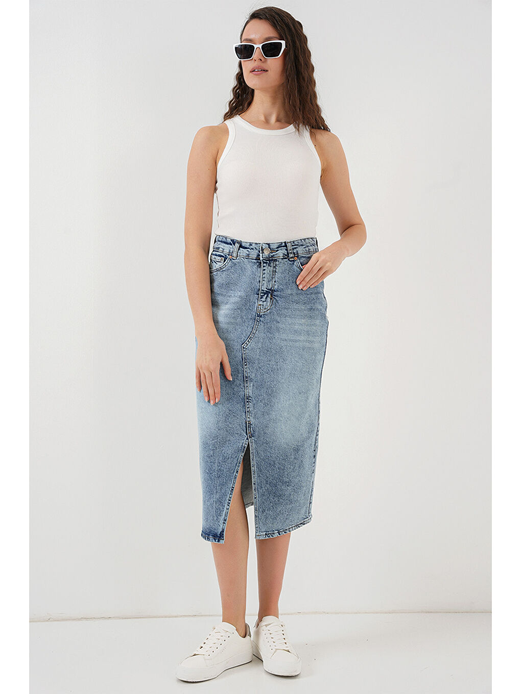 Kadın Yırtmaçlı Midi Jean Etek 8038   Mavi-2