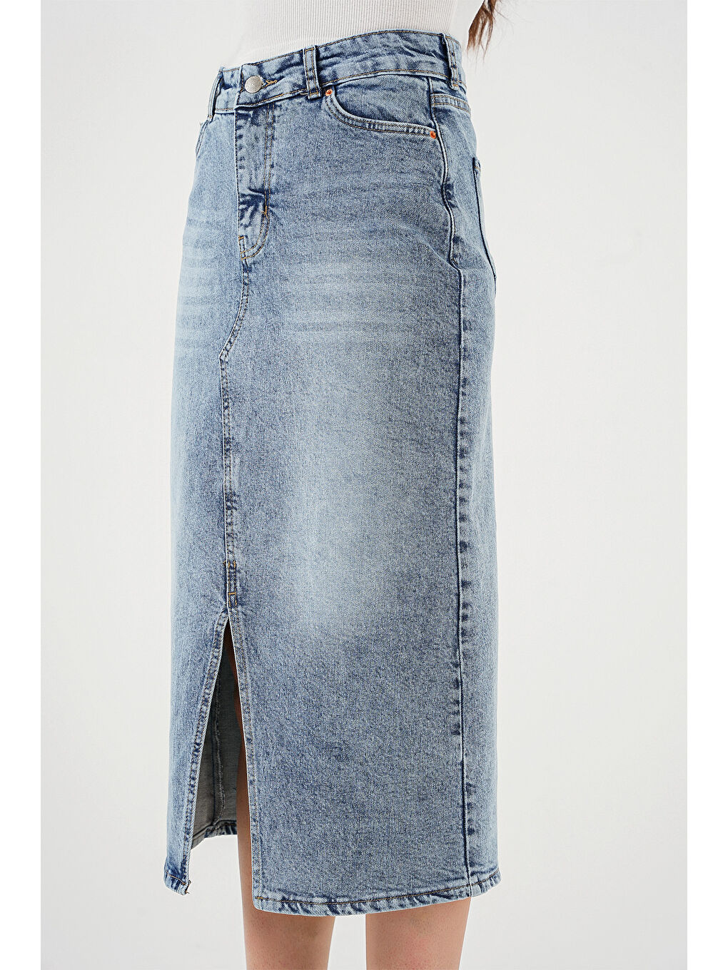Kadın Yırtmaçlı Midi Jean Etek 8038   Mavi-3