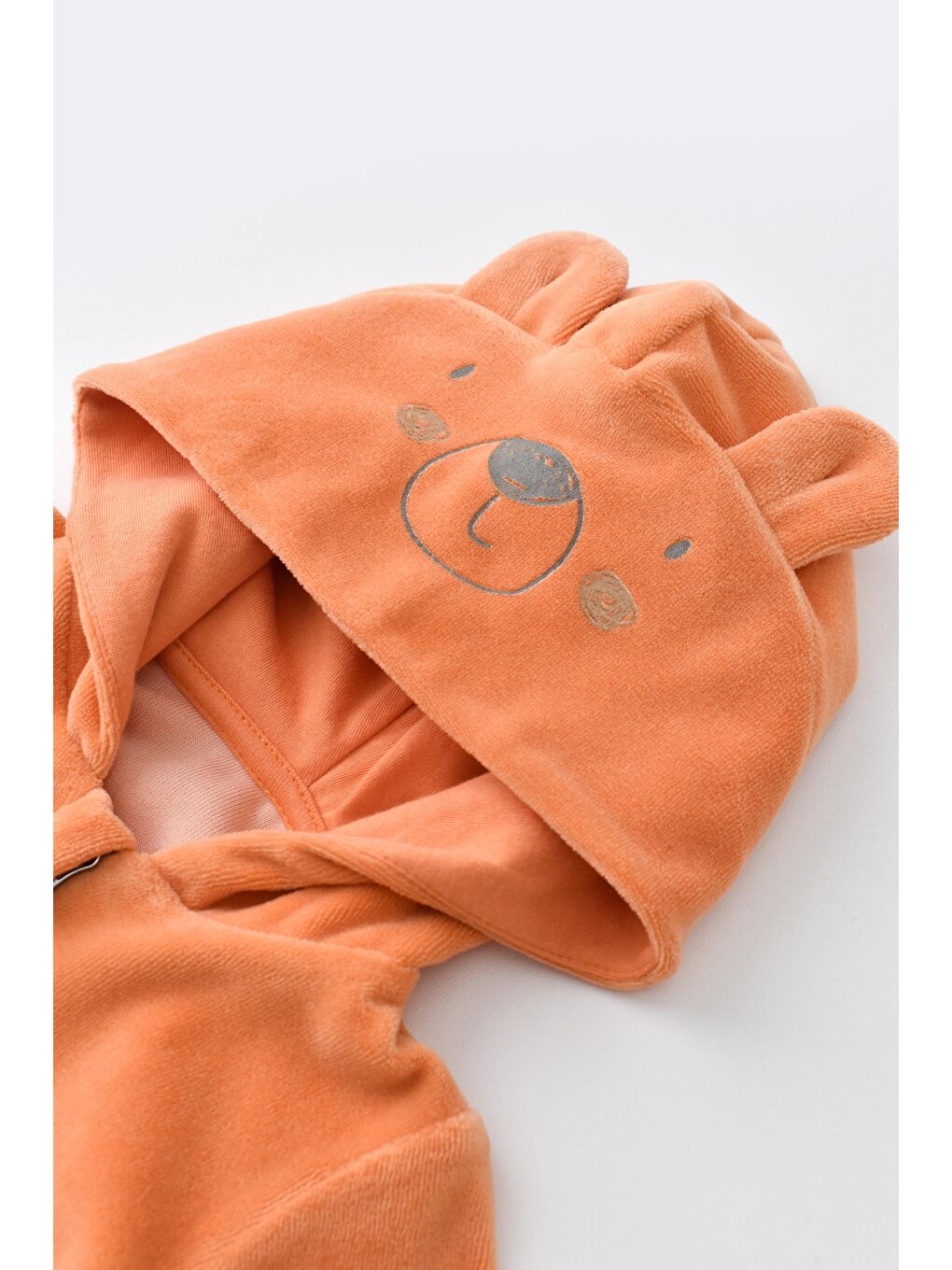 Turuncu Unisex Bebek Organik Kadife Ayıcık Kapüşonlu Alt-Üst Takım - Fermuarlı Sweat Pantolon-1