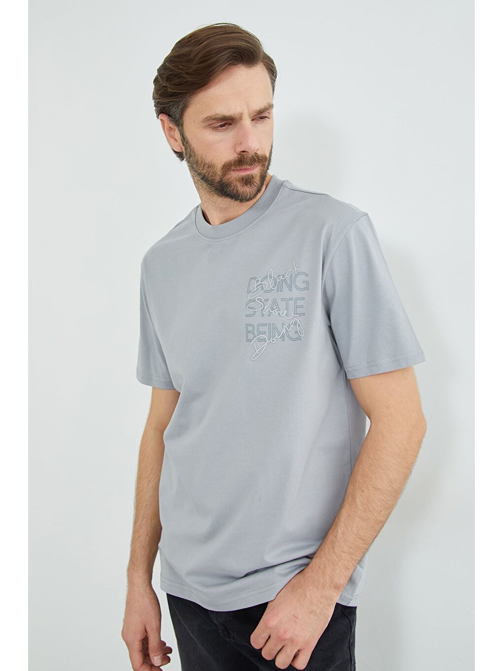 Gri Yazı Nakışlı Bisiklet Yaka Tişört-1