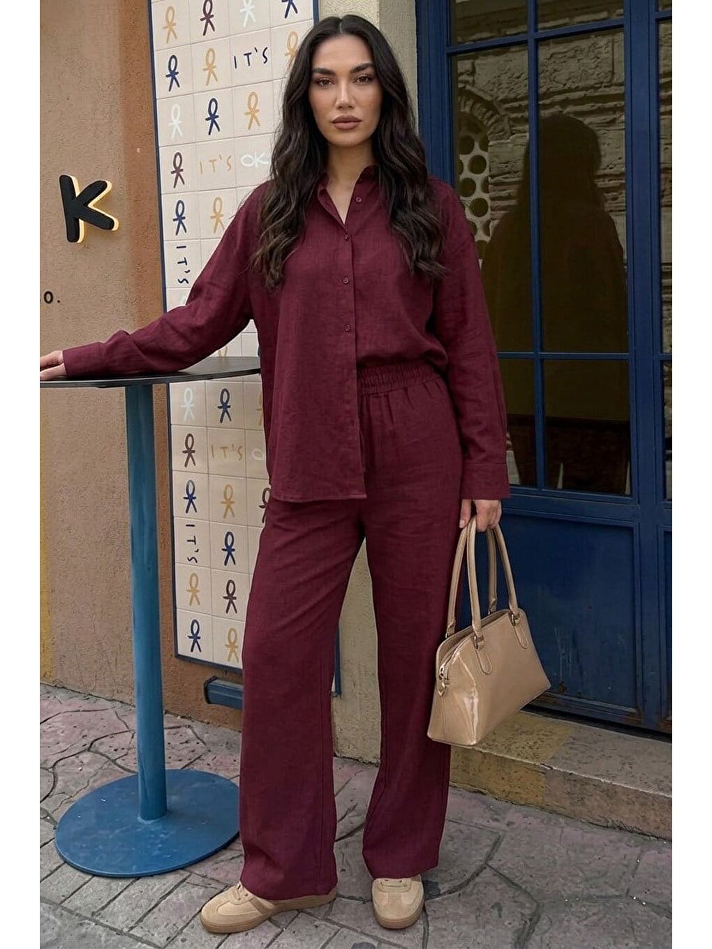 Bordo Keten Kadın Gömlek Pantolon İkili Takım Mg2356-1