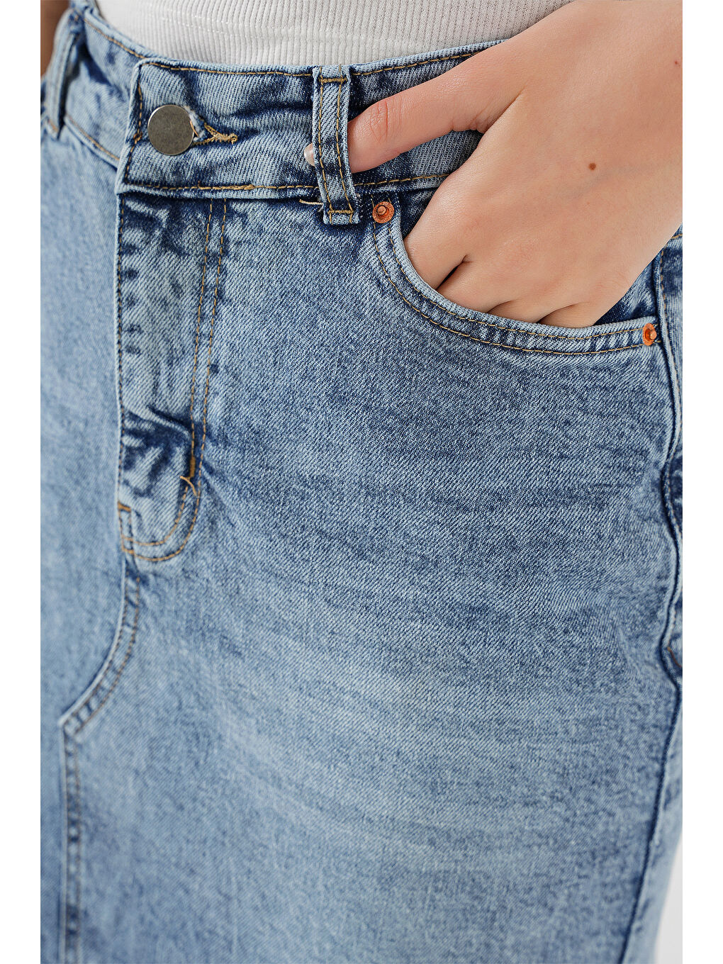 Kadın Yırtmaçlı Midi Jean Etek 8038   Mavi-4