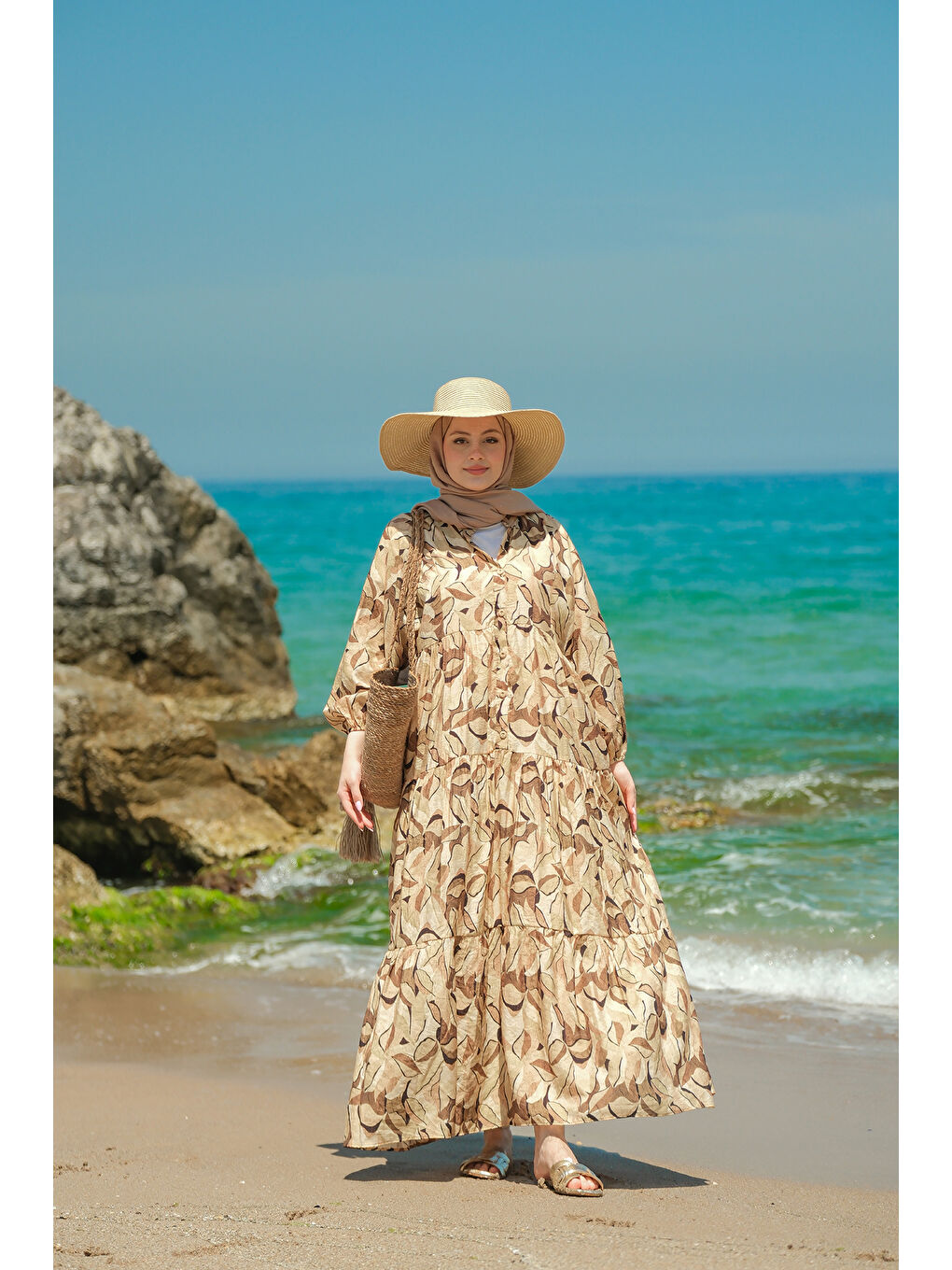 Ekru Kadın Soft Botanika Desen Elbise Krem