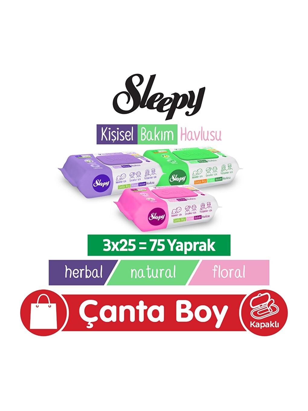 Natural + Floral + Herbal Kişisel Bakım Havlusu Çanta Boy 3x25 (75 Yaprak)