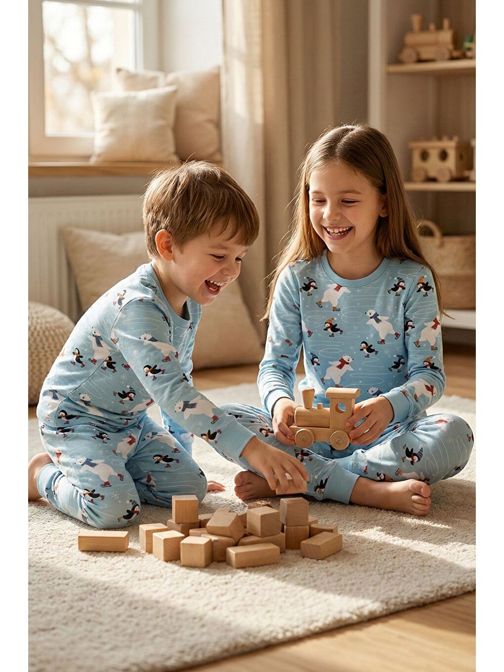 Unisex İnterlok Bebe Mavisi Yılbaşı Temalı Pijama Takımı-4