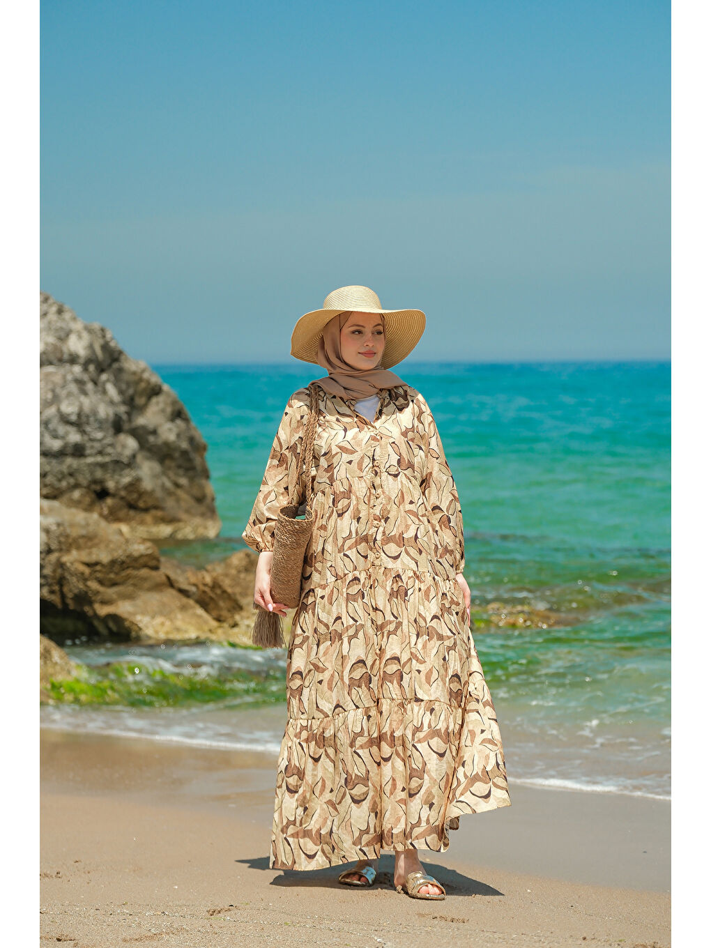 Ekru Kadın Soft Botanika Desen Elbise Krem-1