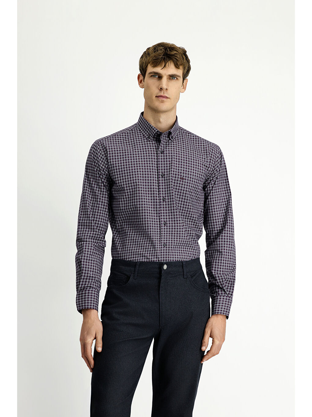 Bordo Uzun Kol Regular Fit Ekose Düğmeli Yaka Pamuk Gömlek