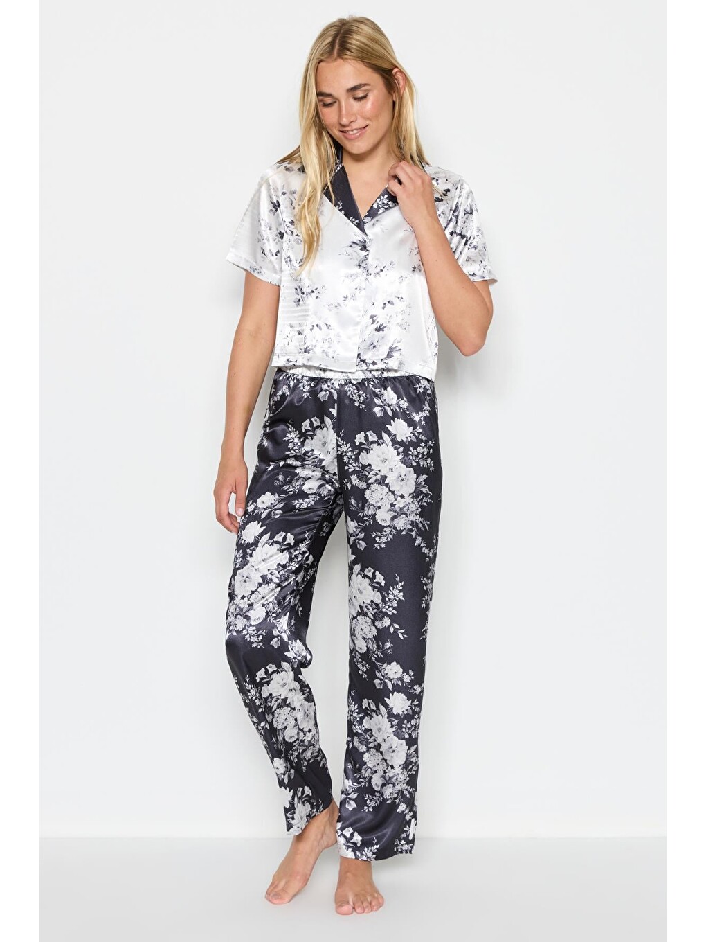 Kadın Saten Crop Gömlek Pantolon Pijama Takımı 9066 Beyaz/siyah