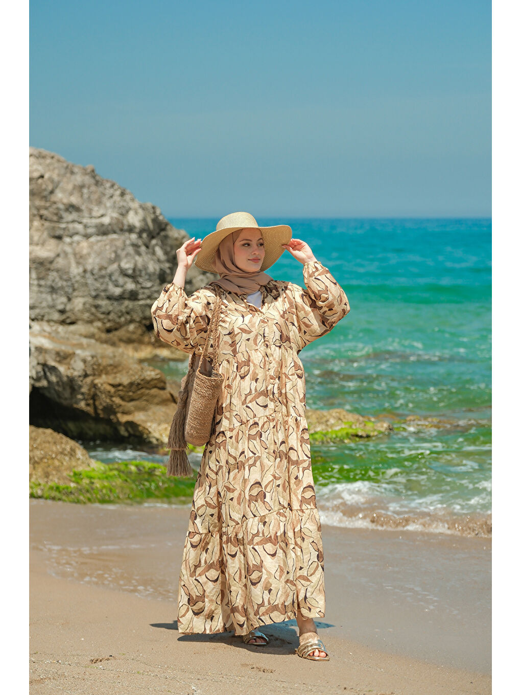 Ekru Kadın Soft Botanika Desen Elbise Krem-2