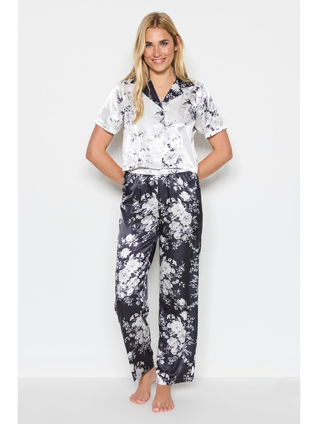 Kadın Saten Crop Gömlek Pantolon Pijama Takımı 9066 Beyaz/siyah-1