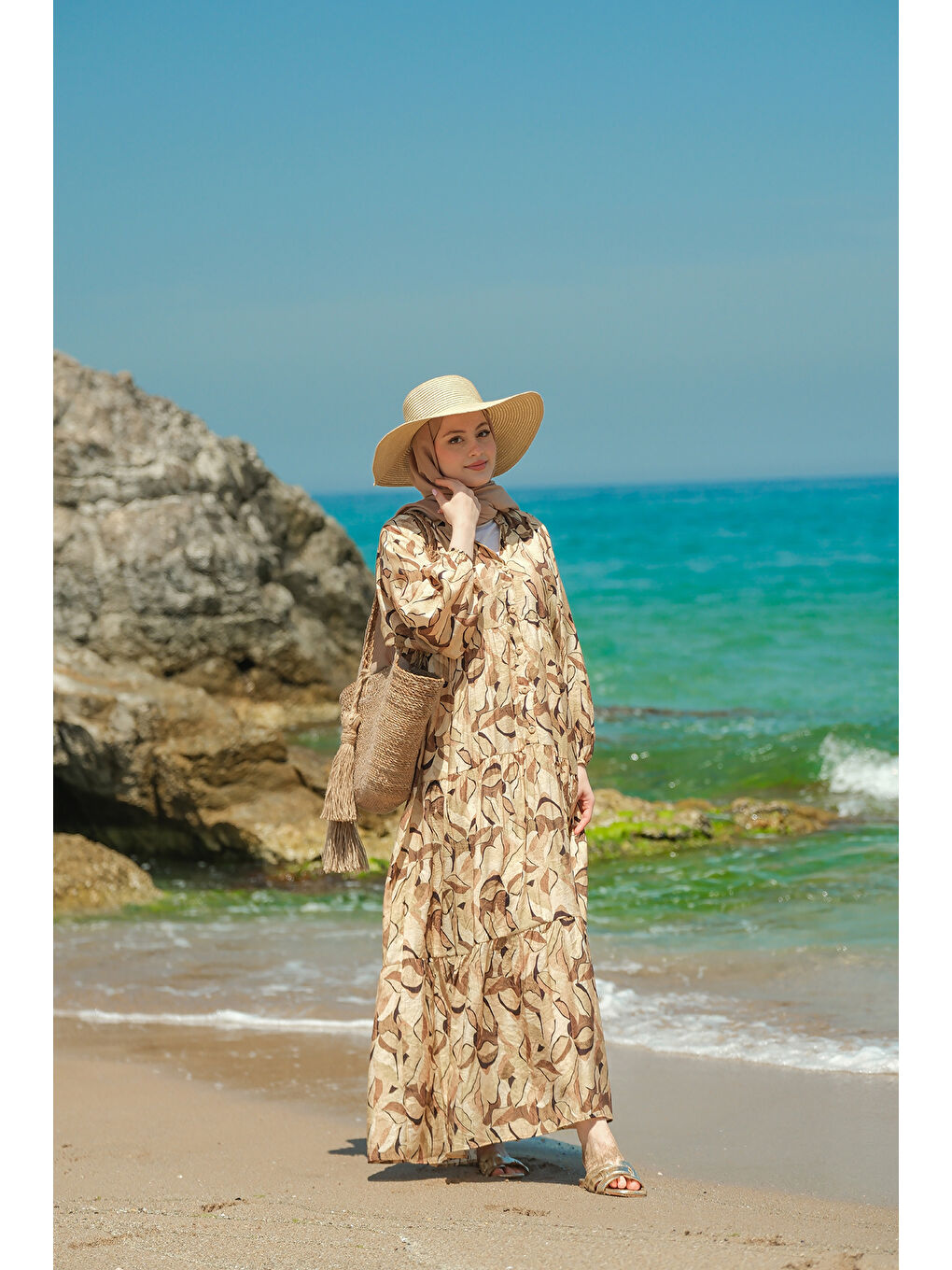 Ekru Kadın Soft Botanika Desen Elbise Krem-3