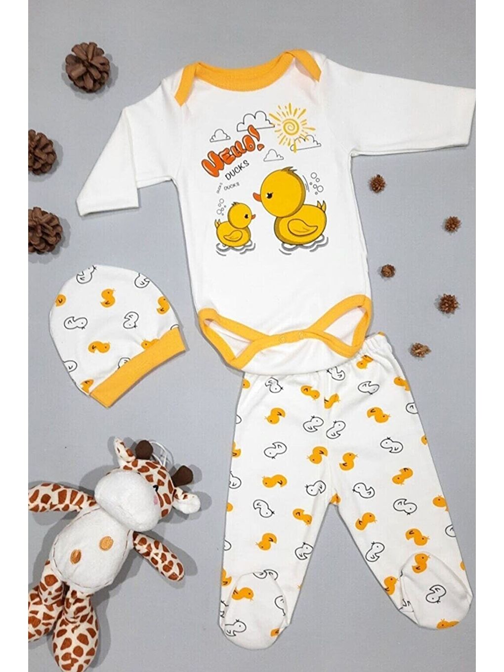 Turuncu Unisex Bebek Sarı Ördek 3 Lü Zıbın Takımı