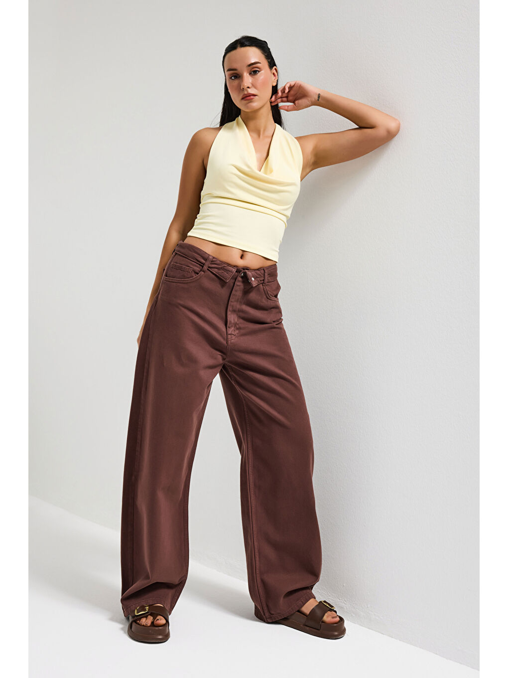 Kahverengi Kadın Kahve 6s6-81 Straight Fit Kemer Detaylı Özel Tasarım Denim Jean-3