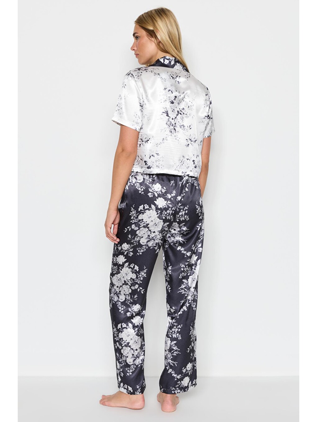 Kadın Saten Crop Gömlek Pantolon Pijama Takımı 9066 Beyaz/siyah-3