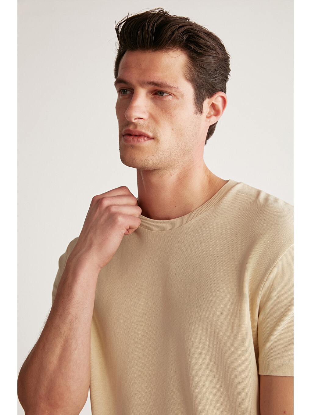 Jeremy Erkek Slim Fit Triko Görünümlü Kumaşlı Triko Yakalı Kalın Dokulu Bej T-shirt-1