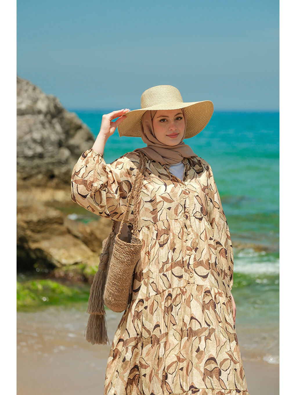 Ekru Kadın Soft Botanika Desen Elbise Krem-4