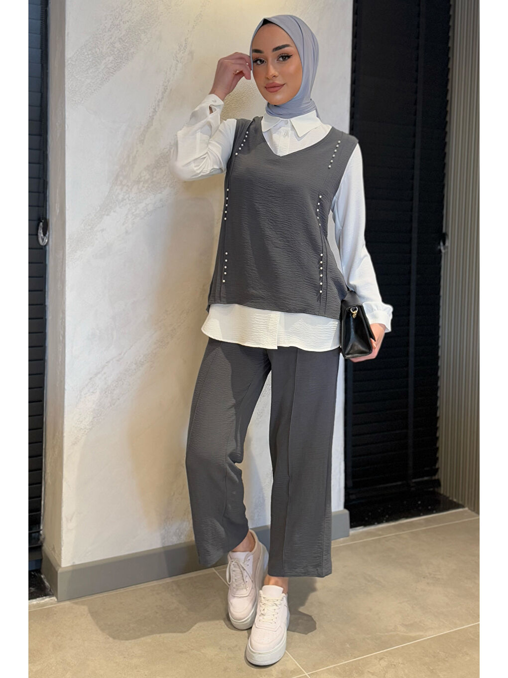 Antrasit İncili Gömlek Süveter Pantolon Tesettür Üçlü Takım-3