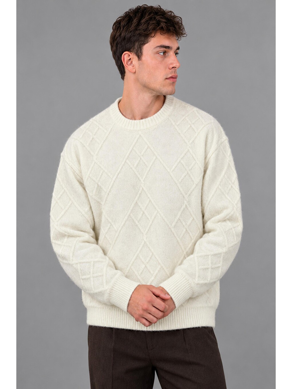Beyaz Çapraz Desen Oversize Kışlık Kazak Dp 17567_10066-1