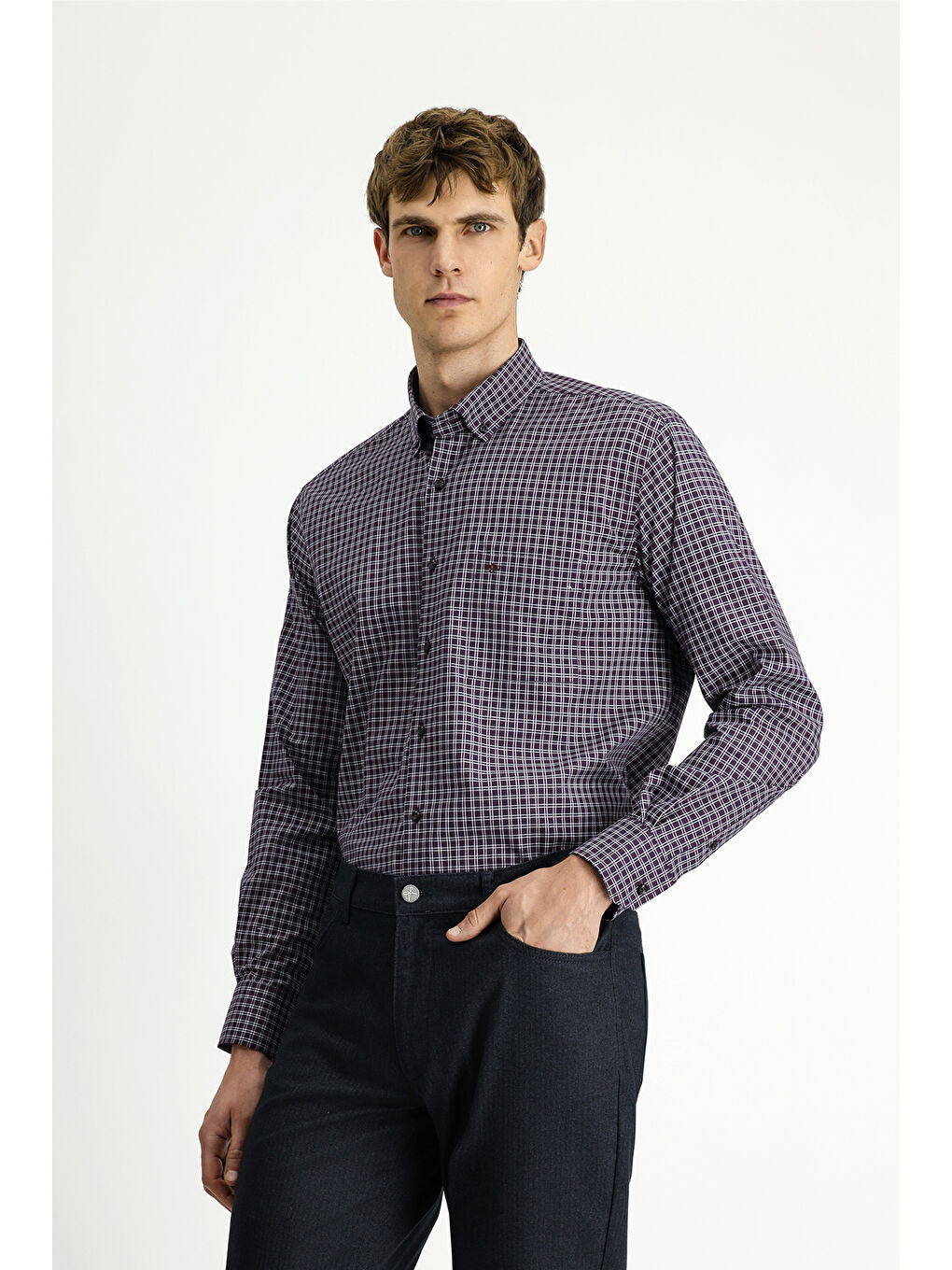 Bordo Uzun Kol Regular Fit Ekose Düğmeli Yaka Pamuk Gömlek-2