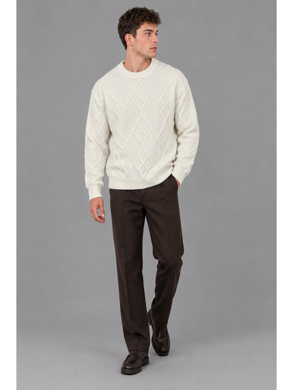 Beyaz Çapraz Desen Oversize Kışlık Kazak Dp 17567_10066-2