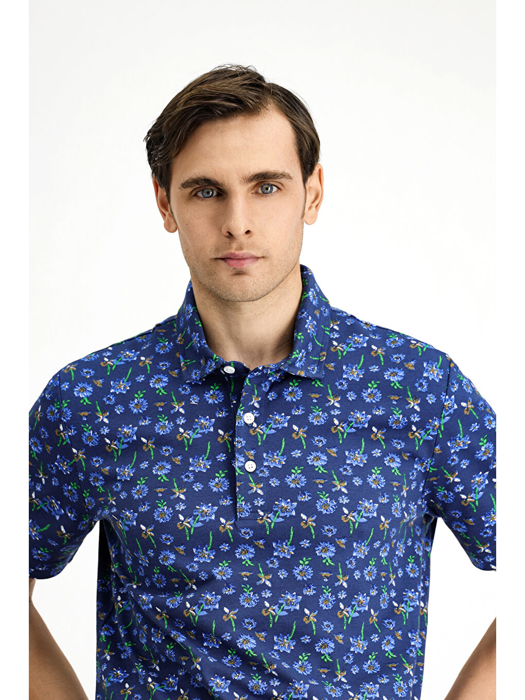 Lacivert Slim Fit Dar Kesim Pamuklu Baskılı Polo Yaka Tişört-1