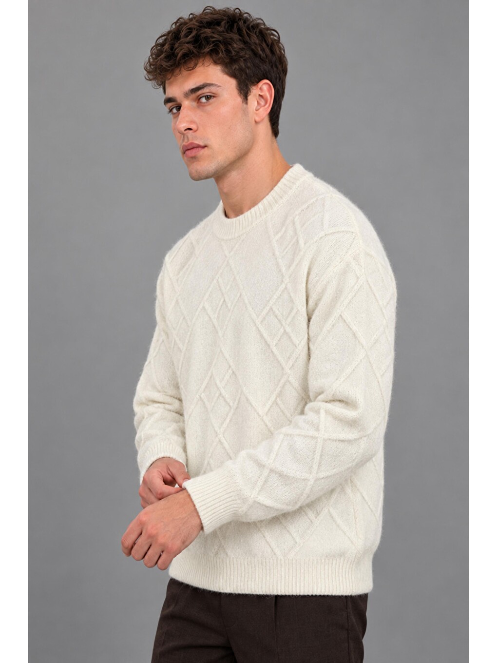 Beyaz Çapraz Desen Oversize Kışlık Kazak Dp 17567_10066-3