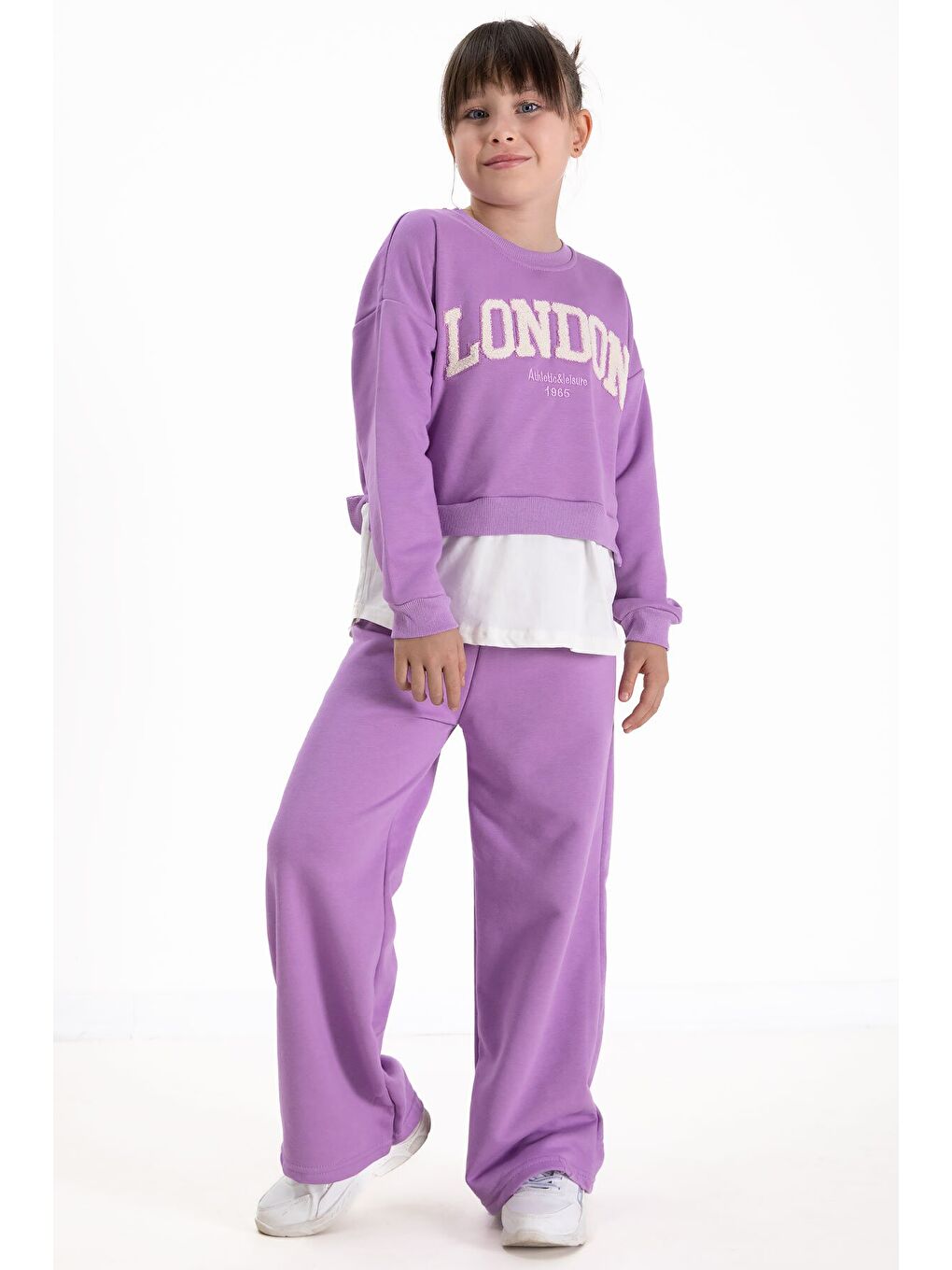 Mor London Yazılı Nakışlı Kız Çocuk Geniş Paça Eşofman Takımı 22725