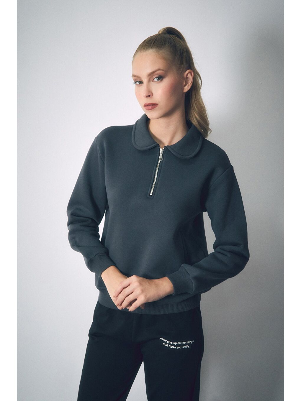 Fullamoda Füme Basic Polo Yaka Cepli Sweatshirt