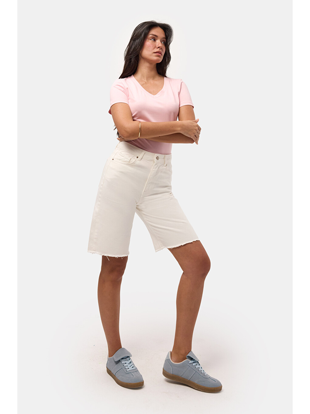 Kadın Kırık Beyaz 7s6-101 Mom Midi %100 Pamuk Denim Şort-2