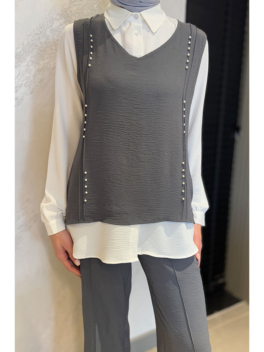 Antrasit İncili Gömlek Süveter Pantolon Tesettür Üçlü Takım-5