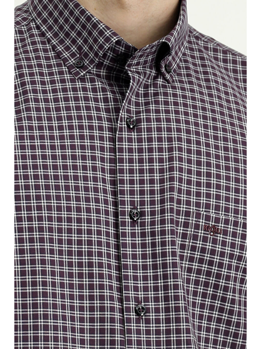 Bordo Uzun Kol Regular Fit Ekose Düğmeli Yaka Pamuk Gömlek-4