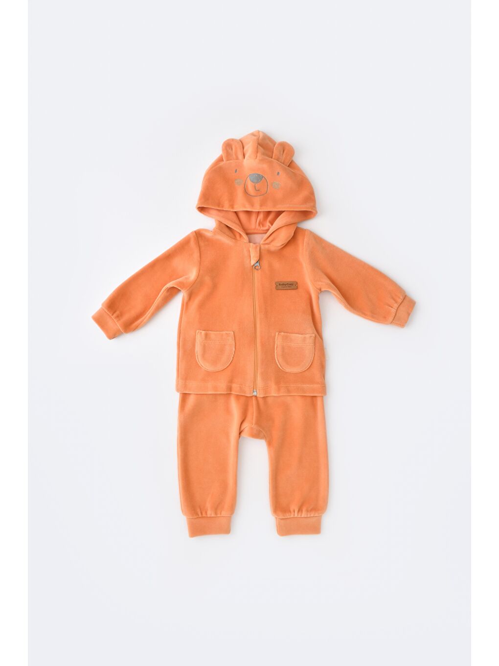 Turuncu Unisex Bebek Organik Kadife Ayıcık Kapüşonlu Alt-Üst Takım - Fermuarlı Sweat Pantolon-2