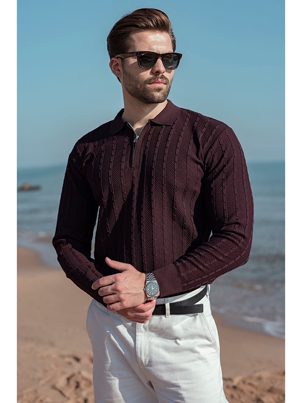 Mürdüm Polo Yaka Örgü Desenli Triko Erkek Kazak E7507-3