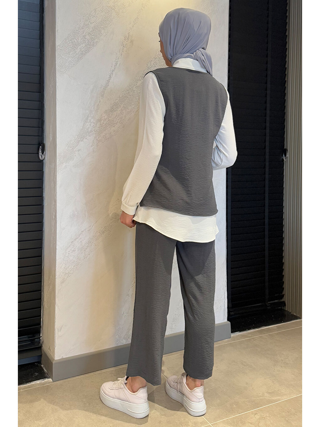 Antrasit İncili Gömlek Süveter Pantolon Tesettür Üçlü Takım-6